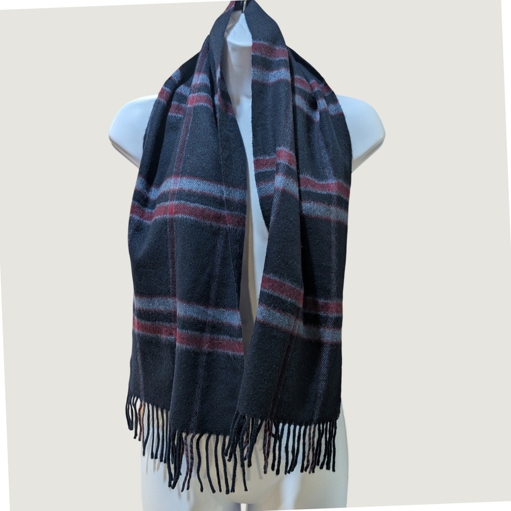 Vintage Amicale Industries 100% Cashmere Scarf West Germany Plaid Navy Fringe